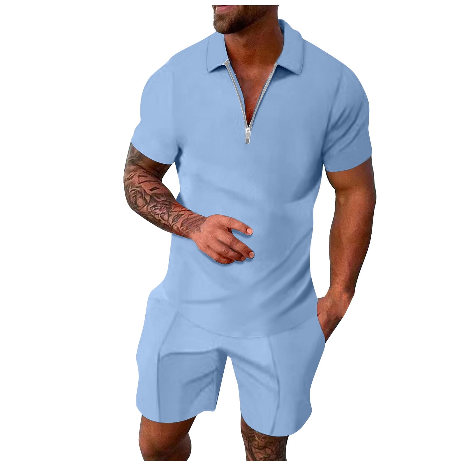 Mens Polo Shirt and Shorts Set 2 Piece Beach Short Sleeve Quarter Zip ...