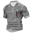 thumbnail image 1 of Mens Polo Shirt Slim Fit Crucifix Printed Short Sleeve Button Up Collared Tops Summer Sport Breathable Stretchy Mens Shirts Grey M, 1 of 3