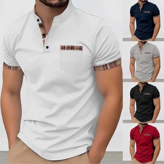 Mens Polo Shirt Solid Chest Pocket T Shirt Spring Summer Tee Short Sleeve Button Top Grey L