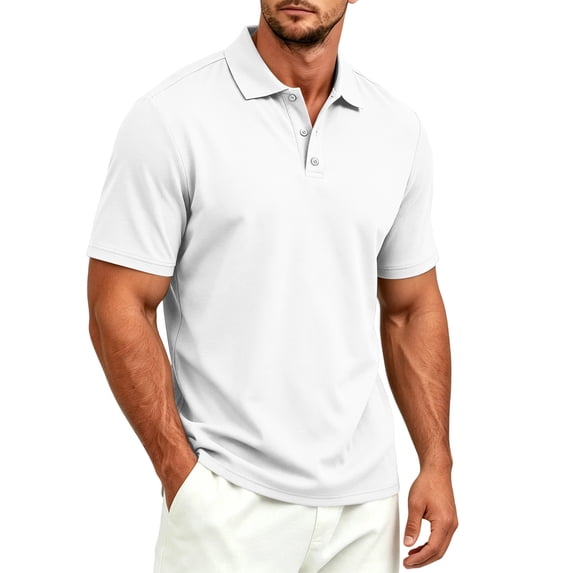 Mens Polo Shirt Solid Color Turn Down Collar Short Sleeve Button Regular Fit Spring Summer Business Casual Tops White S