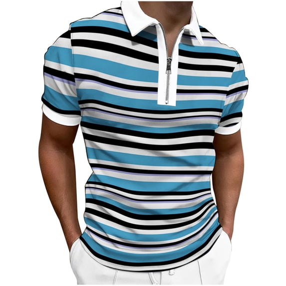 Mens Polo Shirt Spring and Summer Fashion Lapel Zipper Short Sleeve Printed T Shirt Top