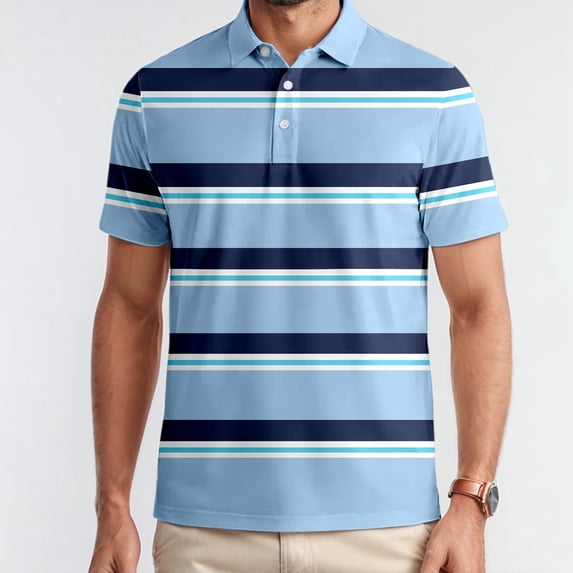 Mens Polo Shirt Stripe Casual Breathable Short Sleeved Top Golf Buckle Button Collar Classic Dress Shirts for Men Light Blue L