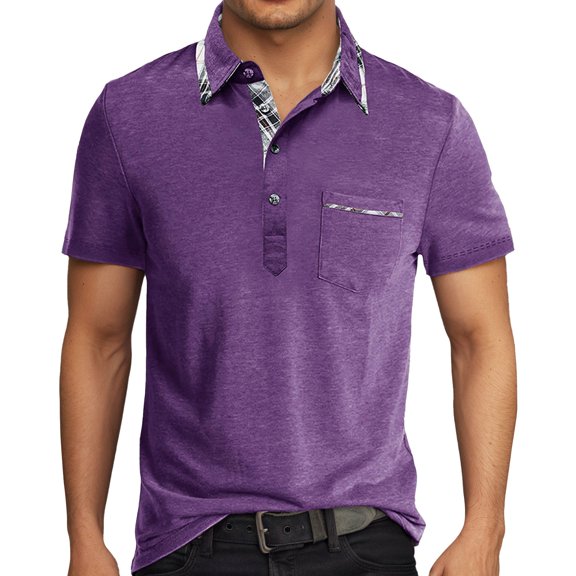 Mens Polo Shirt Summer Business Dressy Short Sleeve Button Up Collared Tops with Pocket Lightweight Breathable Loose Fit Mens T-Shirts Purple M