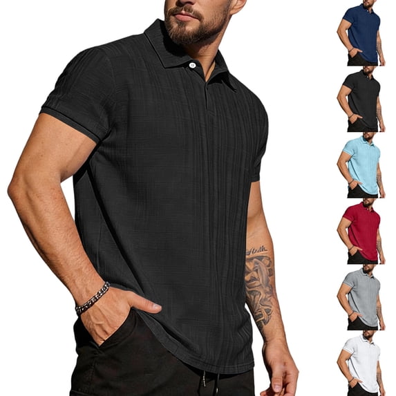 Mens Polo Shirt Textured Vertical Ribbed Knit Short Sleeve Tee Collared Golf Tops Fashion Casual Solid Color Shirts, #02 Black, 3XL