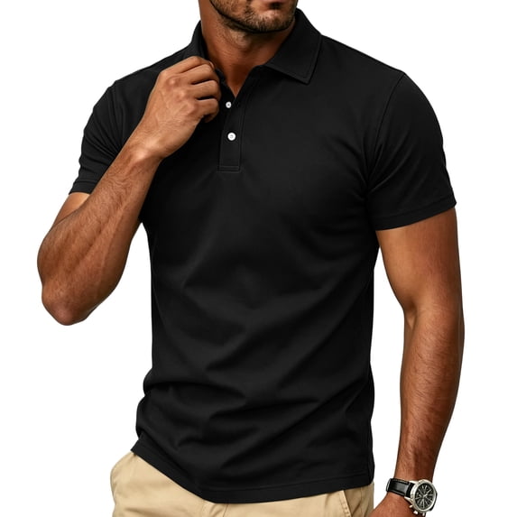 Mens Polo Shirts Buttons Short Sleeve Basic Business Shirts Breathable Soft Casual Performance Classic Fit Shirts Black M