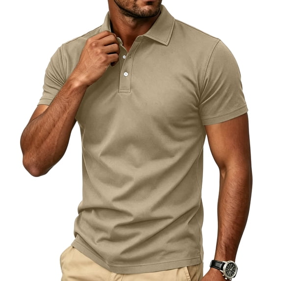 Mens Polo Shirts Buttons Short Sleeve Basic Business Shirts Breathable Soft Casual Performance Classic Fit Shirts Champagne 2XL