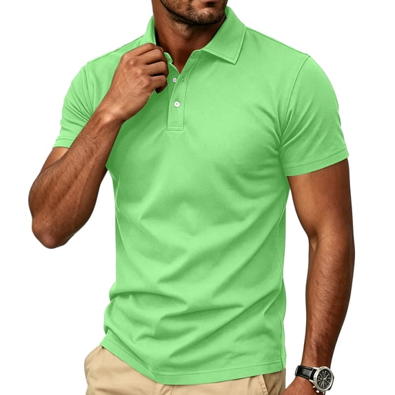 Mens Polo Shirts Buttons Short Sleeve Basic Business Shirts Breathable Soft Casual Performance Classic Fit Shirts Fluorescent Green 2XL