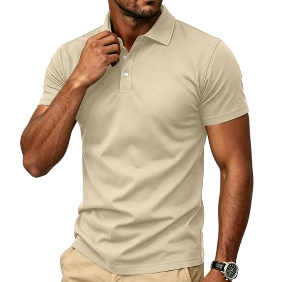 Mens Polo Shirts Buttons Short Sleeve Basic Business Shirts Breathable Soft Casual Performance Classic Fit Shirts Khaki M
