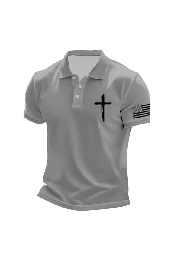 Mens Polo Shirts Casual Crucifix Printed Short Sleeve Button Up Collared Tops Summer Sport Breathable T Shirts for Man Light Gray S