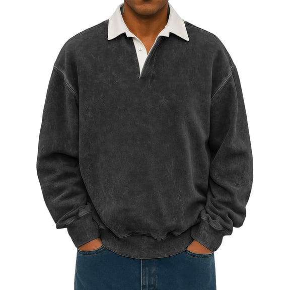 Mens Polo Shirts Casual Long Sleeve Pullover Winter Thermal Sweatshirts V Neck Button Down Shirt Black 2XL