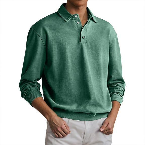 Mens Polo Shirts Casual Long Sleeve Solid Color Buttons Lapel Thin Breathable Tops Bottoming Comfortable Loose T Shirts for Man Dark Green XXXL