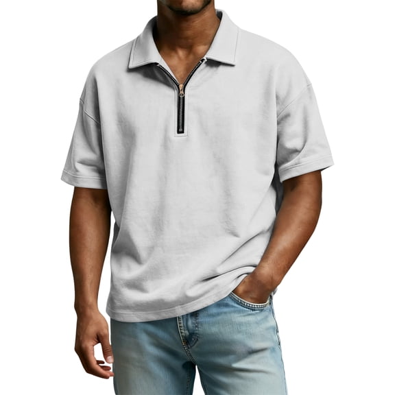 Mens Polo Shirts Casual Quarter-Zip Plaid Beach Shirt Lightweight Short Sleeve T Shirt Stylish Soft Lapel Collared Pullover Tops OIOLOYJM White S