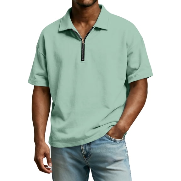 Mens Polo Shirts Casual Quarter-Zip Solid Color Henley Shirts Lightweight Short Sleeve T Shirt Fashion Business Collared Pullover Tops OIOLOYJM Light Green S