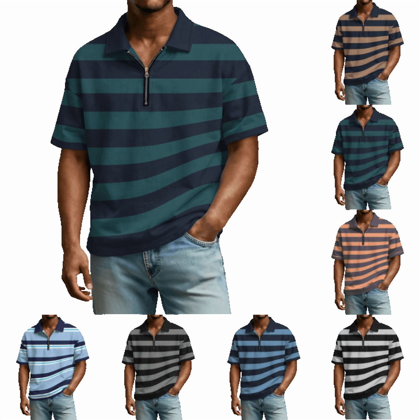 Polo Shirts for Men Casual Quarter-Zip Striped Beach Shirt