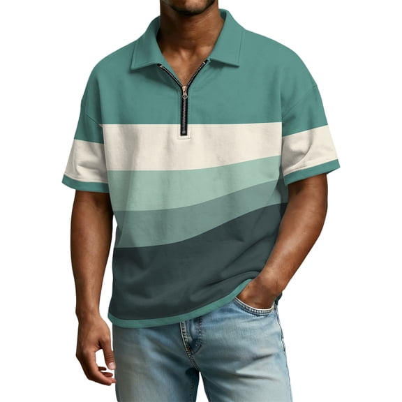 Mens Polo Shirts Casual Quarter-Zip Striped Beach Shirt Regular Fit Short Sleeve T Shirt Fashion Work Lapel Collared Pullover OIOLOYJM Mint Green XL