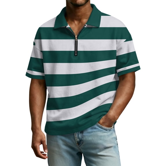 Mens Polo Shirts Casual Quarter-Zip Striped Henley Shirts Regular Fit Short Sleeve T Shirt Stylish Business Collared Pullover Tops OIOLOYJM Dark Green L