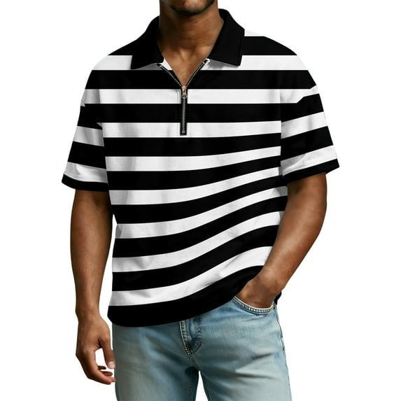 Mens Polo Shirts Casual Quarter Zipper Striped Golf Shirt Lightweight Short Sleeve T Shirt Classic Business Collared Pullover Tops OIOLOYJM Black 3XL