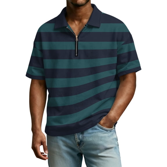 Mens Polo Shirts Casual Quarter Zipper Striped Henley Shirts Regular Fit Short Sleeve T Shirt Classic Soft Collared Tops OIOLOYJM Dark Green 3XL
