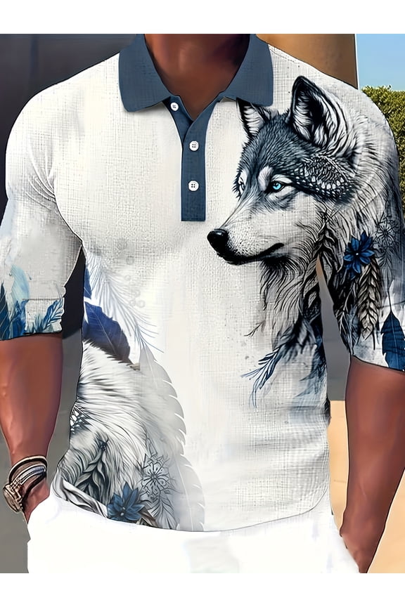 Mens Polo Shirts Casual Short Sleeve Athletic T-Shirts 3D Print Wild Animal Funny Golf Polo Classic Contrast Collar Shirt White 3XL
