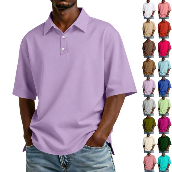 Mens Polo Shirts Casual Short Sleeve Cotton T-Shirt Summer Button Golf Shirts,Light Purple XXL
