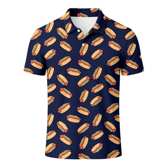 Mens Polo Shirts Casual Short Sleeve Hot Dog Printed Button Down Collared Tops Comfortable Breathable Slim Mens T-Shirts Blue XXL