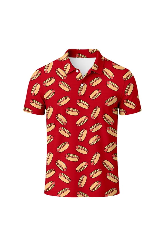 Mens Polo Shirts Casual Short Sleeve Hot Dog Printed Button Down Collared Tops Comfortable Breathable Slim T Shirts for Man Red S