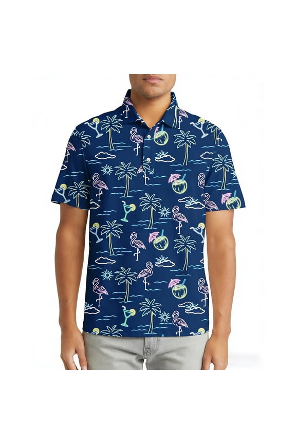 Men's Dry Fit Polo Shirt with Hawaiian Print Moisture Wicking Short Sleeve Top for Casual & Beach Wear M-XXL