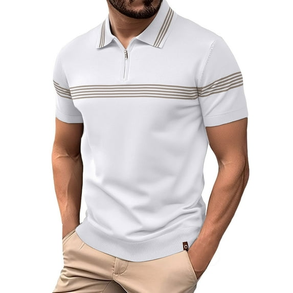 Mens Polo Shirts Casual Trend Striped Short Sleeve Business Lapel Tops Breathable Comfortable T Shirts for Man White XL
