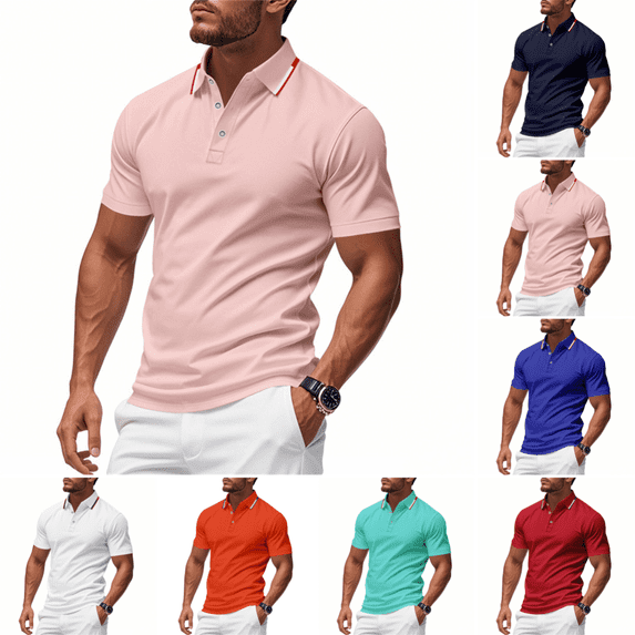 Mens Polo Shirts Casual Trendy Short Sleeve Collared T Shirts Summer Business Workout Classic Fit Pure Color Golf Shirts Pink XL