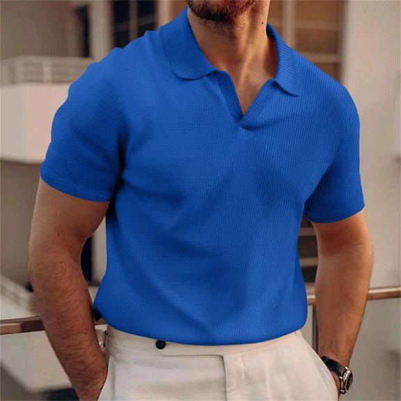 Mens Polo Shirts Casual V Neck Textured Slim Fit Solid Short Sleeve Cotton Waf Fle Knit Soft Tees Activewear