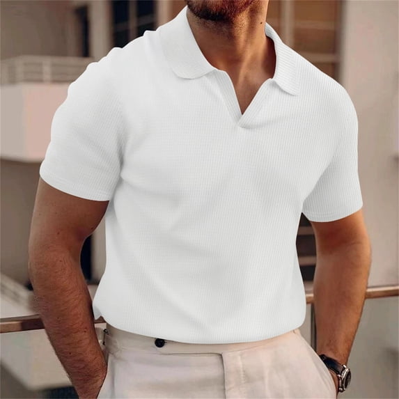 Mens Polo Shirts Casual V Neck Textured Slim Fit Solid Short Sleeve Cotton Waf Fle Knit Soft Tees Activewear