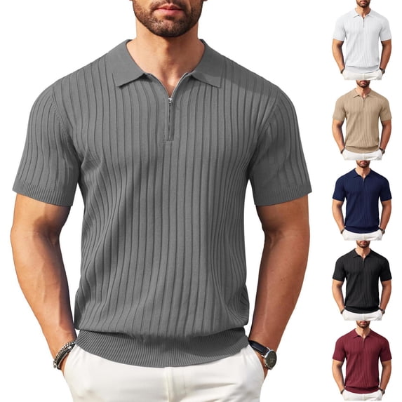 Mens Polo Shirts Collared Short Sleeve Polo Shirts 1/4 Zip Up Solid Color Polo Tee Work Fashion Casual Classic Golf Shirts,Beige M
