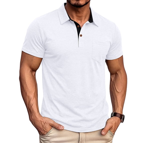 Mens Polo Shirts Contrast Collared Short Sleeve Polo Shirts Button Down Solid Color Shirt Casual Basic Lightweight Golf Shirt,White M