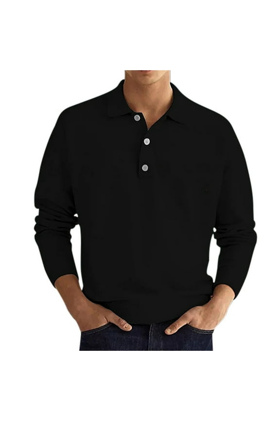 Mens Polo Shirts Fashion Casual Simple Solid Color Button Long Sleeve Top Activewear