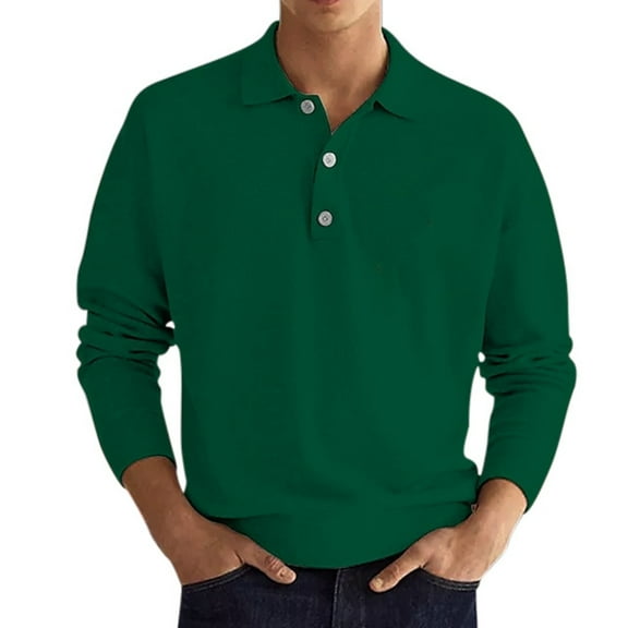 Mens Polo Shirts Fashion Casual Simple Solid Color Button Long Sleeve Top Daily-Wear
