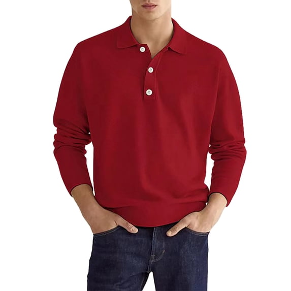 Mens Polo Shirts Fashion Casual Simple Solid Color Button Long Sleeve Top Daily-Wear