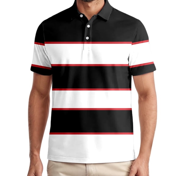 Mens Polo Shirts Golf Striped Button Up Collared Breathable Short Sleeved Top Performance Stretch Athletic Regular T Shirts for Man