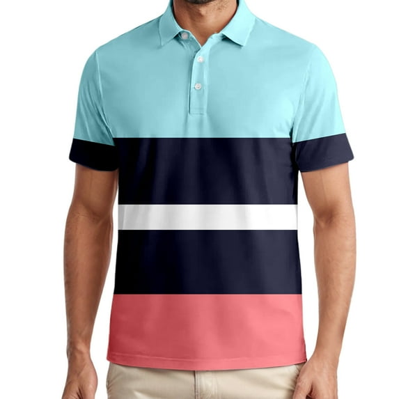 Mens Polo Shirts Golf Striped Short Sleeved Button Up Collared Top Performance Stretch Athletic Regular Breathable T Shirts for Man
