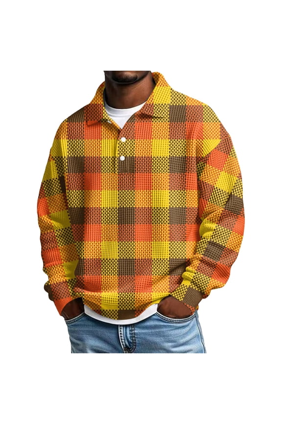 Mens Polo Shirts Knit Color Plaid Long Sleeve Casual Breathable Comfortable Business Loose Mens T-Shirts