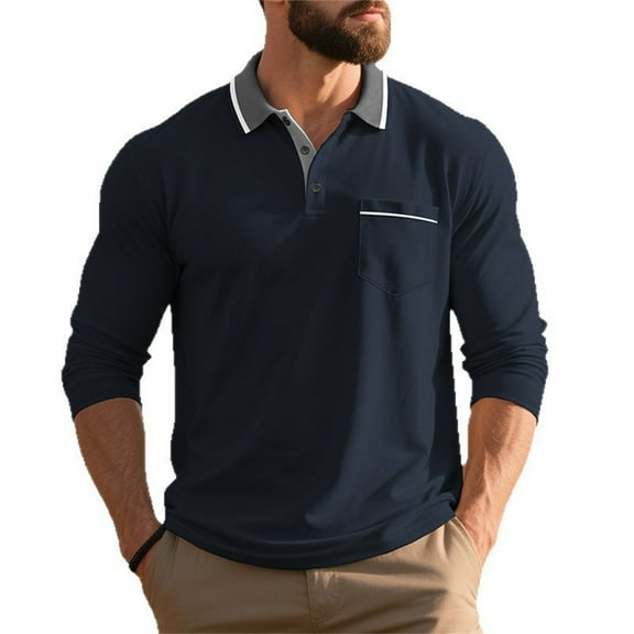Mens Polo Shirts Lightweight Casual 3/4 Sleeve Button Up Collared Golf Tops with Pocket Loose Fitting Breathable Trendy Mens T-Shirts Navy XXXL
