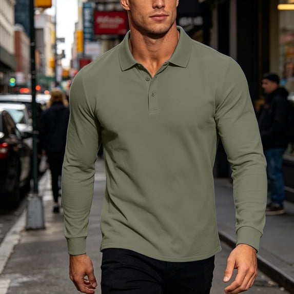 Mens Polo Shirts Long Sleeve Button Collar Classic Casual Lightweight Breathable Tops for Fall Green XXL