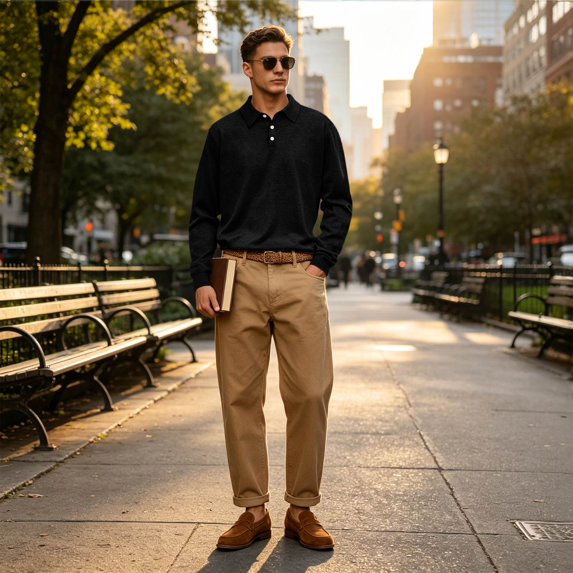Mens Polo Shirts Long Sleeve Button Down Collar Casual Golf Shirt Breathable Basic Solid Color Loose Tops, L