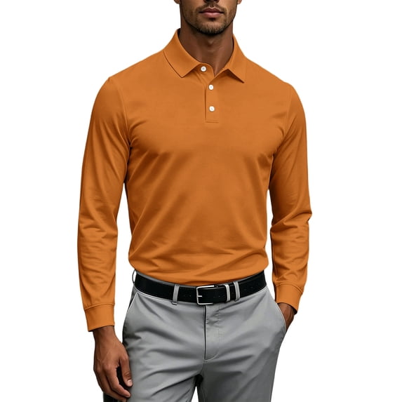 Mens Polo Shirts Long Sleeve Casual Solid Stylish Dry Fit Performance Designed Collared Golf Polo Shirts for Men Ginger S