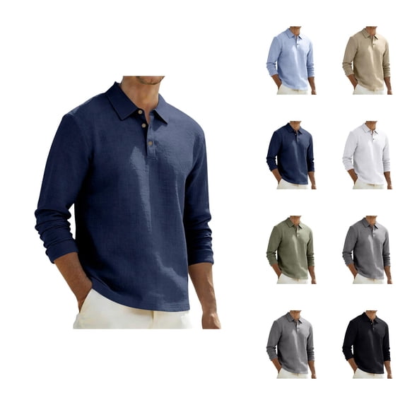 Mens Polo Shirts Long Sleeve Lapel Collar Loose Plain Business Casual Linen Shirts Spring Work Shirt