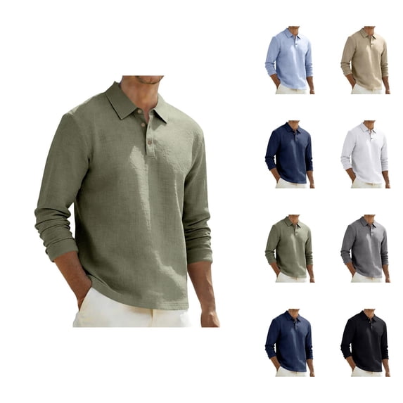 Mens Polo Shirts Long Sleeve Lapel Collar Loose Plain Business Casual Linen Shirts Spring Work Shirt