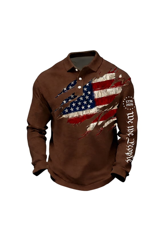 Mens Polo Shirts Long Sleeve National Flag Print Waffle Stylish Polo Shirt United States 250th Anniversary T-Shirt