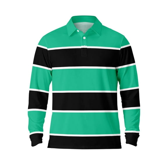 Mens Polo Shirts Long Sleeve Striped Casual Button Down Lapel Tops Pullover Fall Breathable Comfortable T Shirts for Men Green XXL