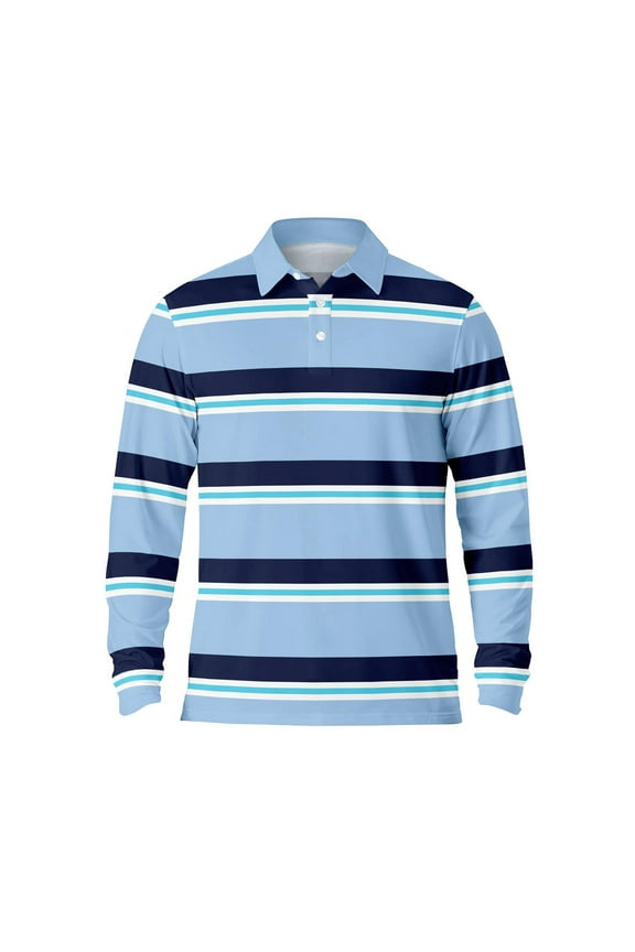 Mens Polo Shirts Long Sleeve Striped Casual Button Down Lapel Tops Pullover Fall Breathable Comfortable T Shirts for Men Light Blue L