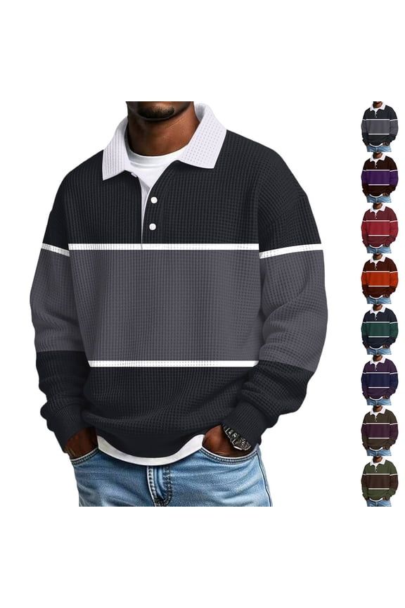 Mens Polo Shirts Long Sleeve Waffle Knit Collared Thermal Casual Henley Quarter Button Pullover Heavyweight T Shirt Dark Gray L