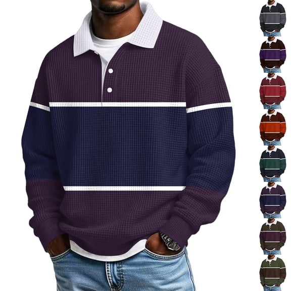 Mens Polo Shirts Long Sleeve Waffle Knit Collared Thermal Casual Henley Quarter Button Pullover Heavyweight T Shirt Purple XL